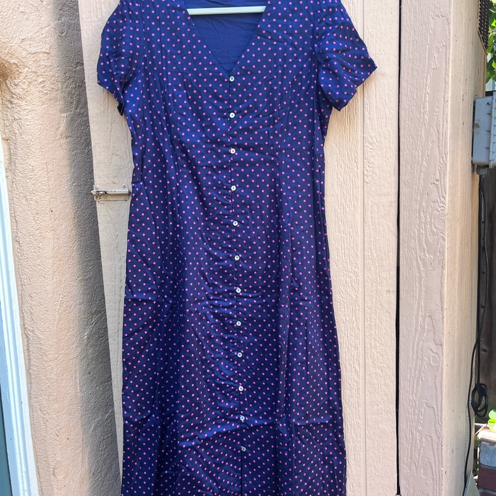 J. Peterman Navy and Pink Button-Down Midi Dress